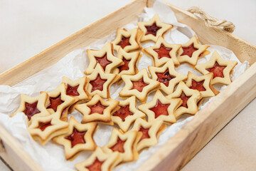 Star shaped linzer cookie strawberry jam