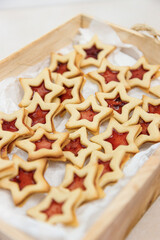 Star shaped linzer cookie strawberry jam