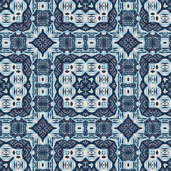 Fototapeta premium Indigo blue red batik geo nautical seamless pattern. Modern marin geometric kaleidoscope sailor print. Nantucket fabric textile style. Summer rustic masculine worn linen effect maritime decor. 