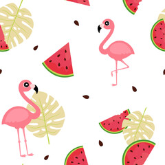Seamless summer pattern with pink flamingos, watermelon slices, seeds and tropical leaves on white background. Vector illustration in flat style. Good for fabric print, greeting card, wrapping, etc.