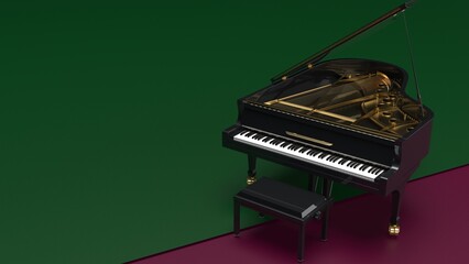 Black-gold Grand Piano under deep green-purple background. 3D illustration. 3D CG. 3D high quality rendering.  