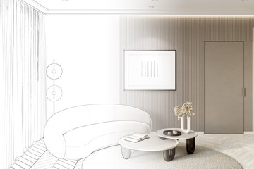 A sketch becomes a real modern living room in beige tones with a  horizontal poster near the door, a floor lamp next to the window with curtains, and decor on a coffee table next to a sofa. 3d render