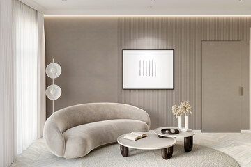 A modern living room in beige tones with a backlit horizontal poster near the door, a floor lamp next to the window with white curtains, and decor on a coffee table next to a modern sofa. 3d render
