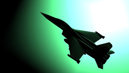 Silhouette illustration of a fighter plane against the background of green light. 3D CG. 3D illustration.