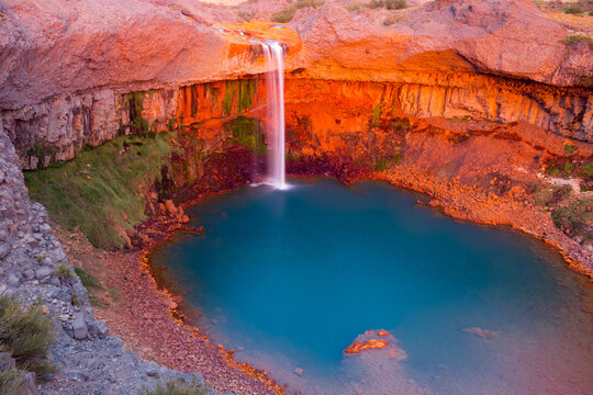General view on waterfall Salto del Agrio and Agrio river in Argentina