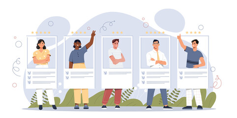 Work Hiring Concept. Young men and women send out resumes and look for vacancies to get job. Professional employees or human resources. Best candidate for position. Cartoon flat vector illustration