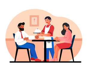 Fototapeta na wymiar Romantic dinner in restaurant concept. Young happy couple sitting at table, uniformed waiter serves hot delicious dish. Man and woman in love on date in cafe. Cartoon flat vector illustration