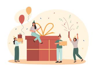 Happy Birthday concept. Young happy men and women congratulate friends and have fun on holiday. Characters give gifts, blow up firecrackers, smile and dance. Cartoon flat vector illustration