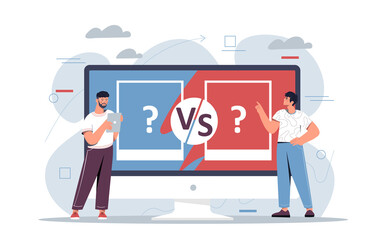 Competition or battle concept. Young male entrepreneurs stand next to large monitor with vs sign and confront each other. Championship or competition in business. Cartoon flat vector illustration