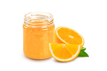 Naklejka na ściany i meble jar of orange jam white half and slice on white.