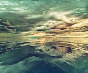 Threatening storm clouds over calm waters