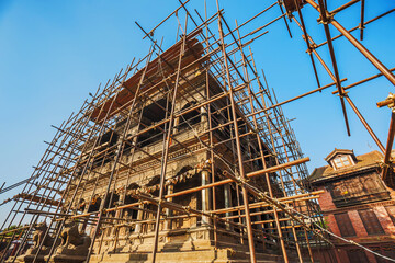 Reconstruction of Krishna Mandir, Durbar Square, Patan, Nepal, after the 2015 Nepal earthquake