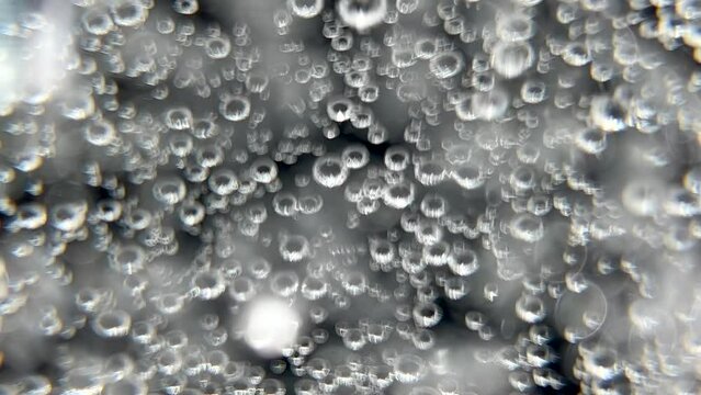 Freshly poured glass of soda water or carbonated drink - macro view of the bubble forming and floating to the top