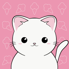 Biały kotek - portret na różowym tle w deseń z lodami. Wektorowa ilustracja zadowolonego, siedzącego kota. Słodki, uroczy zwierzak.	 - obrazy, fototapety, plakaty