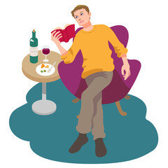 ゆったりと椅子の背にもたれて赤ワインを飲みながら読書を楽しむ1人の若い男性