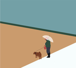 Woman in warm coat and carry umbrella walk with her dog, puppy in park. Vector illustration of walking in flat style