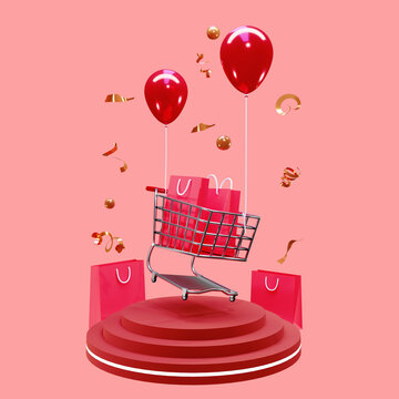 3d rendering of podium with flying shopping chart and balloons
