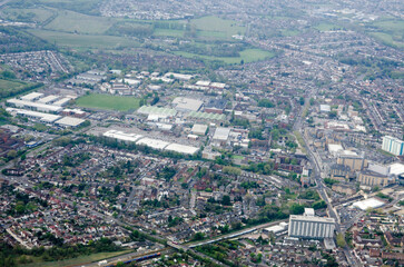 Aerial view of Feltham town centre with Intelligence Collection Group HQ