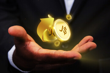 3d rendering of Jamaican dollar coins concept floating over palm of Business man, Digital currency...