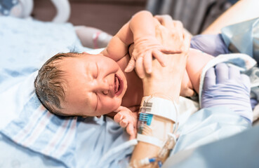 newborn baby moments after birth in the hospital 