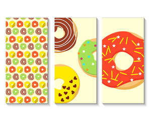 A set of cards with colorful donuts. Vector illustration on a colored background. For menus, cafes, flyers, prints and packaging, shops and markets, flyers and postcards.