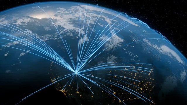 Earth in Space. Blue Lines connect Salt Lake City, USA with Cities across the World. International Travel or Communication Concept.