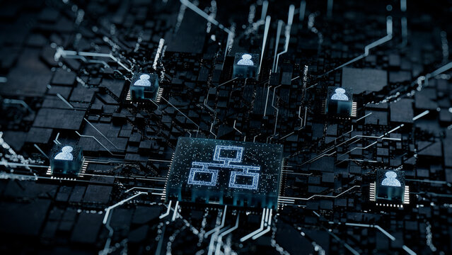 Network Technology Concept with ethernet symbol on a Microchip. White Neon Data flows between Users and the CPU across a Futuristic Motherboard. 3D render.