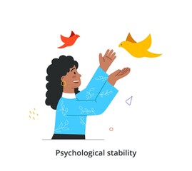 Different thoughts and feelings concept. Happy smiling woman stretches out her hands to beautiful birds. Psychological stability and mental health. Cartoon flat vector illustration in doodle style