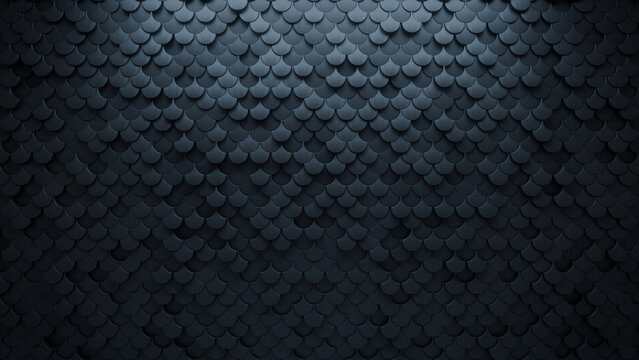 Futuristic Tiles arranged to create a Semigloss wall. 3D, Fish Scale Background formed from Black blocks. 3D Render