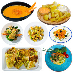 Collage of different vegetable meals on white background