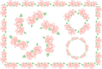 手描き　薔薇のフレームセット　アルコールマーカーで描かれたにじみのあるモチーフ