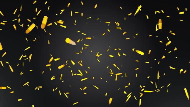 4K 3DFalling bullets on a black background with depth of field. 4k loop animation. Metal bullets fired from a rifle. Pistol shooting. Military, police or hunting ammo. war protection.