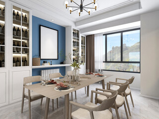 3D rendering, warm dining room area design, wooden table and chair