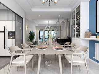 3D rendering, warm dining room area design, wooden table and chair