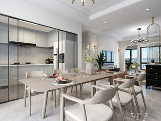 3D rendering, warm dining room area design, wooden table and chair