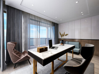 3D rendering, spacious modern residential study design, 