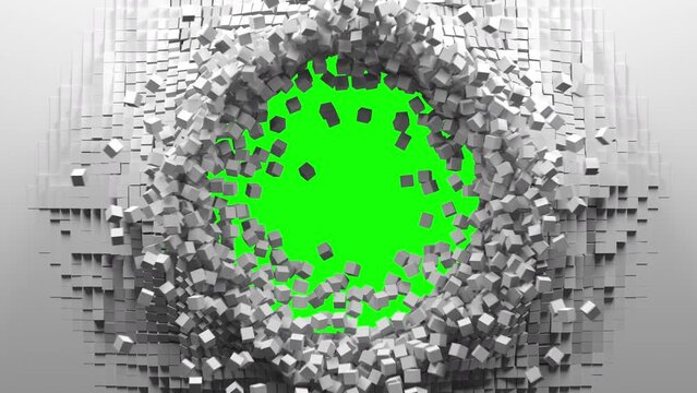 White cubes move out from center of screen, a hole formed and reveals a green chroma key. Abstract 3D animated intro. Alpha channel, transparent background ProRes 4444 in 4k UHD.