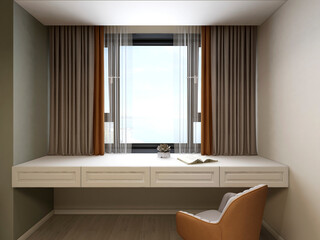 3D rendering ,The elegant and spacious bedroom design of the modern apartment has a coat cabinet beside the big bed, as well as a bucket cabinet and green plants