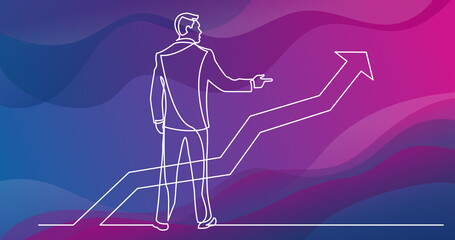 continuous line drawing of standing businessman pointing finger at growing graph