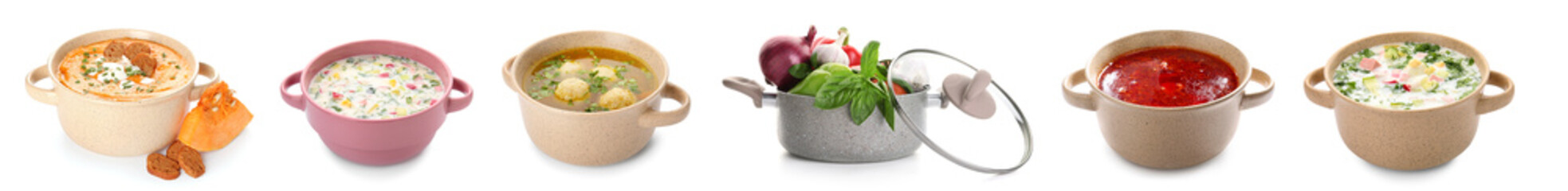 Set of soups in pots on white background