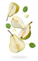 Falling cut pears isolated on white