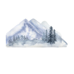 Winter forest and mountains, watercolor clipart on a white background. Watercolor illustration