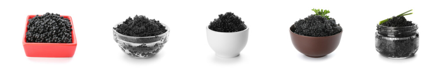 Set of delicious black caviar on white background