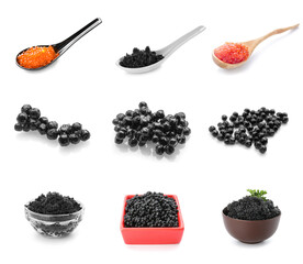 Set of delicious red and black caviar on white background