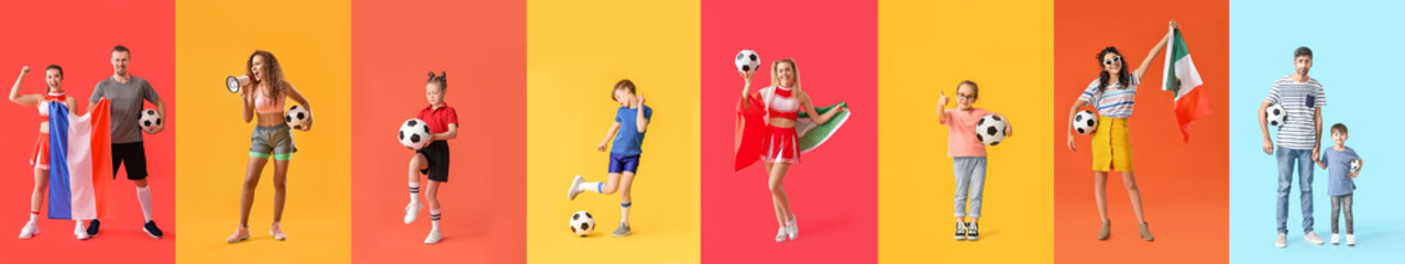 Father and little son with soccer balls on color background