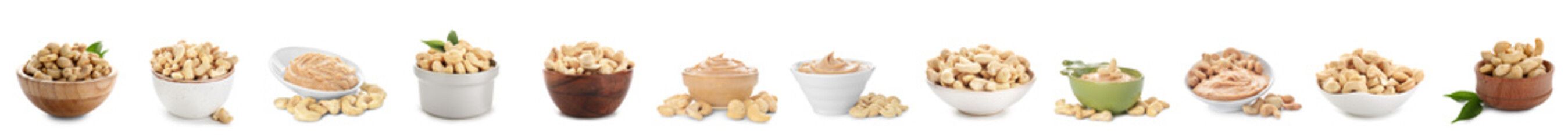 Set of fresh cashew nuts and tasty butter in bowls on white background