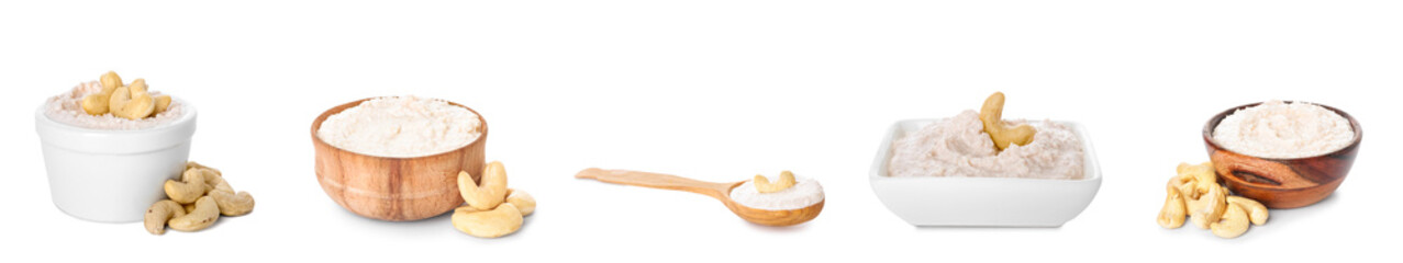 Set of tasty cashew sour cream on white background