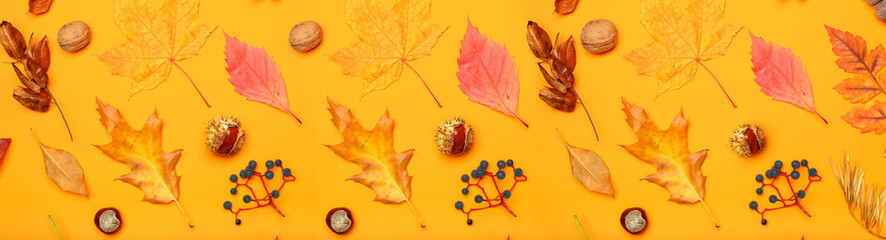 Beautiful autumn leaves, acorns, nuts and berries on orange background. Banner for design