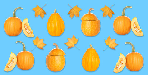 Many pumpkins and autumn leaves on blue background. Pattern for design