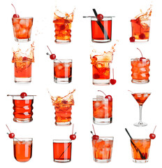 Glasses of tasty Manhattan cocktail on white background